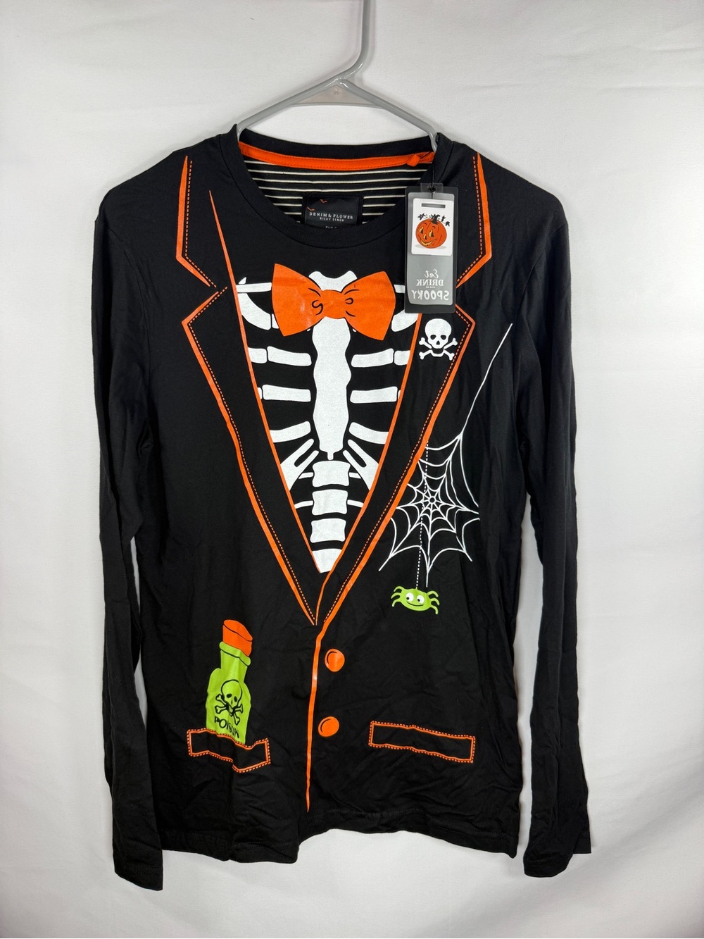 NWT Denim & Flower Halloween Skeleton Tuxedo Long Sleeve Shirt Size Small S